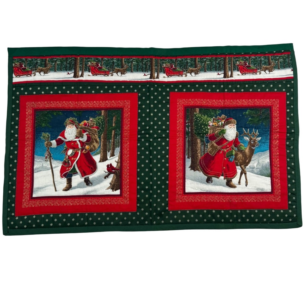 VTG Handmade Quilted Table Runner Santa‎ Father Christmas Reindeer Paisley 21x33